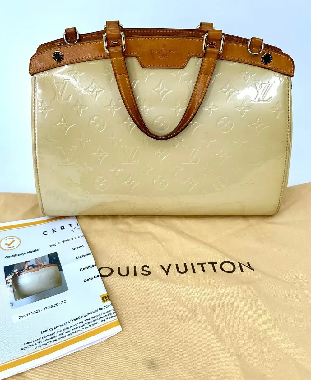 Louis Vuitton Brea MM Monogram Vernis Cream Patent Leather Bag + Entrupy Cert
